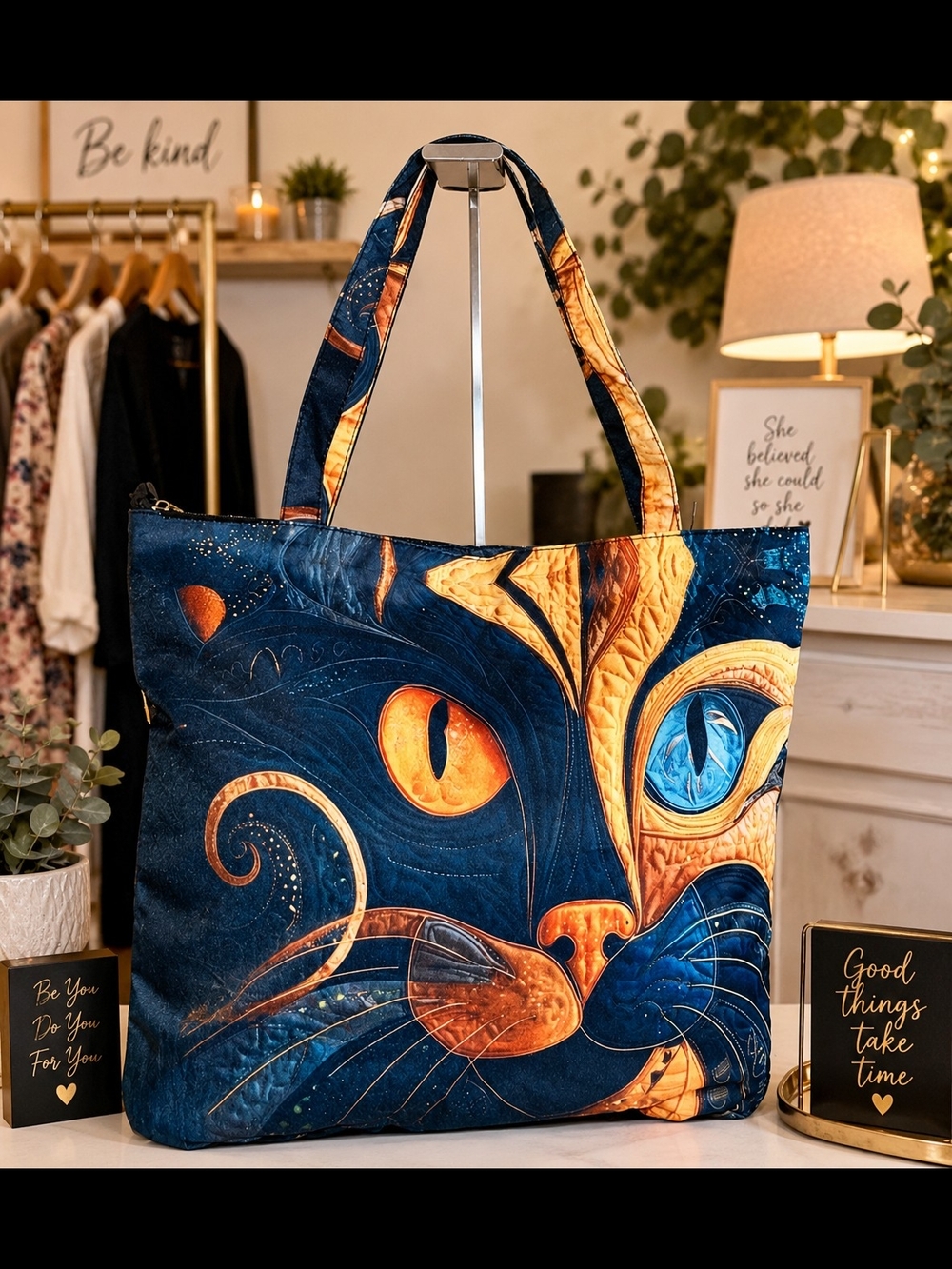 Artistic Cat Print Tote Bag | Large Shoulder Bag | 16.5" x 15" | NWOT